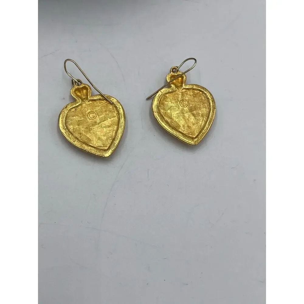 Vintage Gold Tone‎ and Black Enamel Heart Dangle Drop Earrings